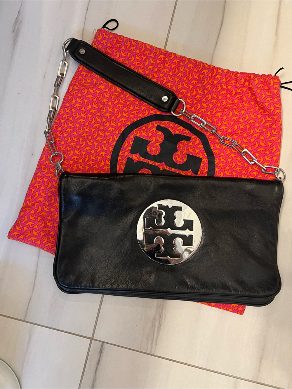 Tory Burch | Amanda | Black Leather Logo Chain Shoulder /Clutch Bag